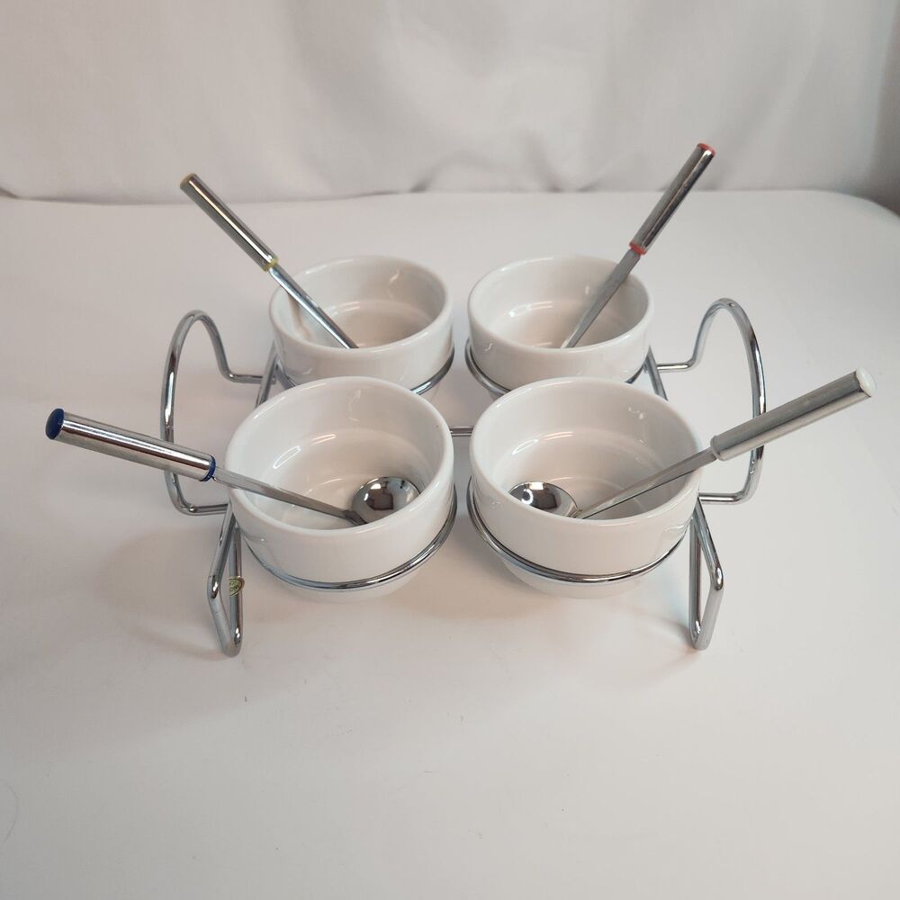 Condiment Caddy, 4 White Bowls, and 4 Spoons Dining Parties Holidays